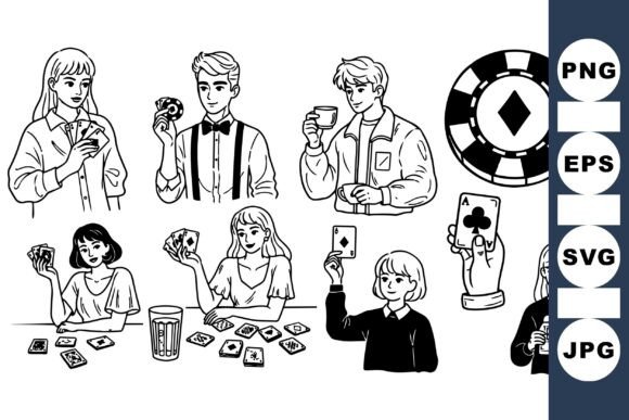 Casual Card Game Player Clipart Set for Graphics & Crafts