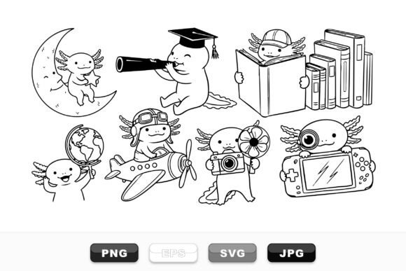 Cute Axolotl Adventure Clipart Set: Graphics for Crafts