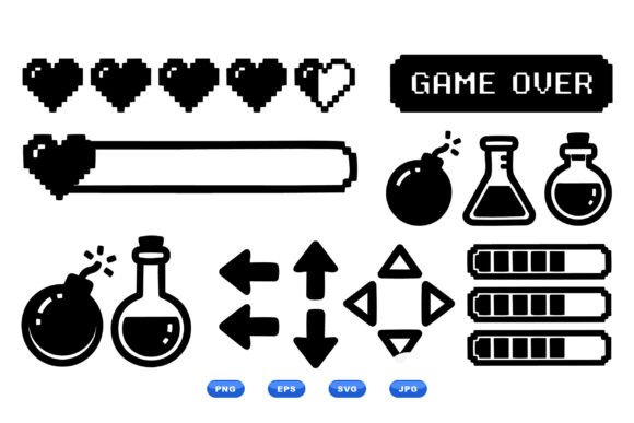 Retro Pixel Game Icons Set: Graphics for Crafts
