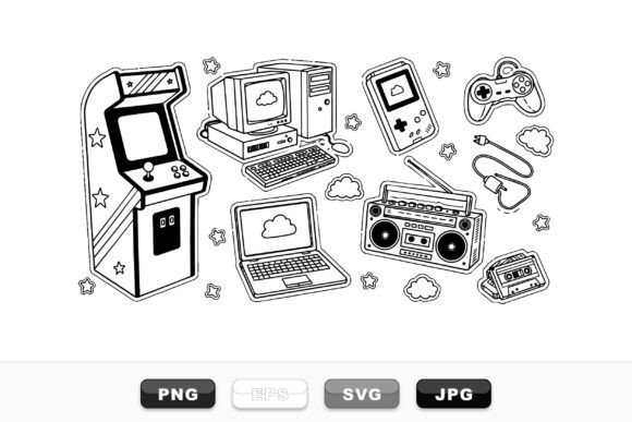 Retro Tech Doodle Clipart Set: Graphics for Crafts