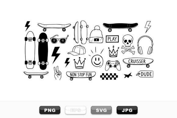Skateboard Doodle Clipart Set: Graphics for Crafts